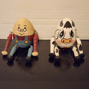 2 VTG Miniature Wooden Humpty Dumpty & Cow Jointed Articulated Arms & Legs